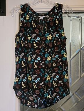 Floral Sleeveless Tank Top - Black with Teal & Yellow Floral Print